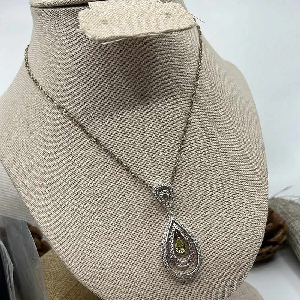 Vintage 925 Sterling Silver Teardrop Pendant Necklace with Peridot & Sapphire - Picture 7 of 13